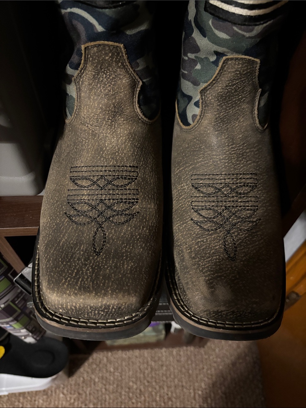 Men's Dark Green Distressed Leather Western Boots with Embroidered Toe